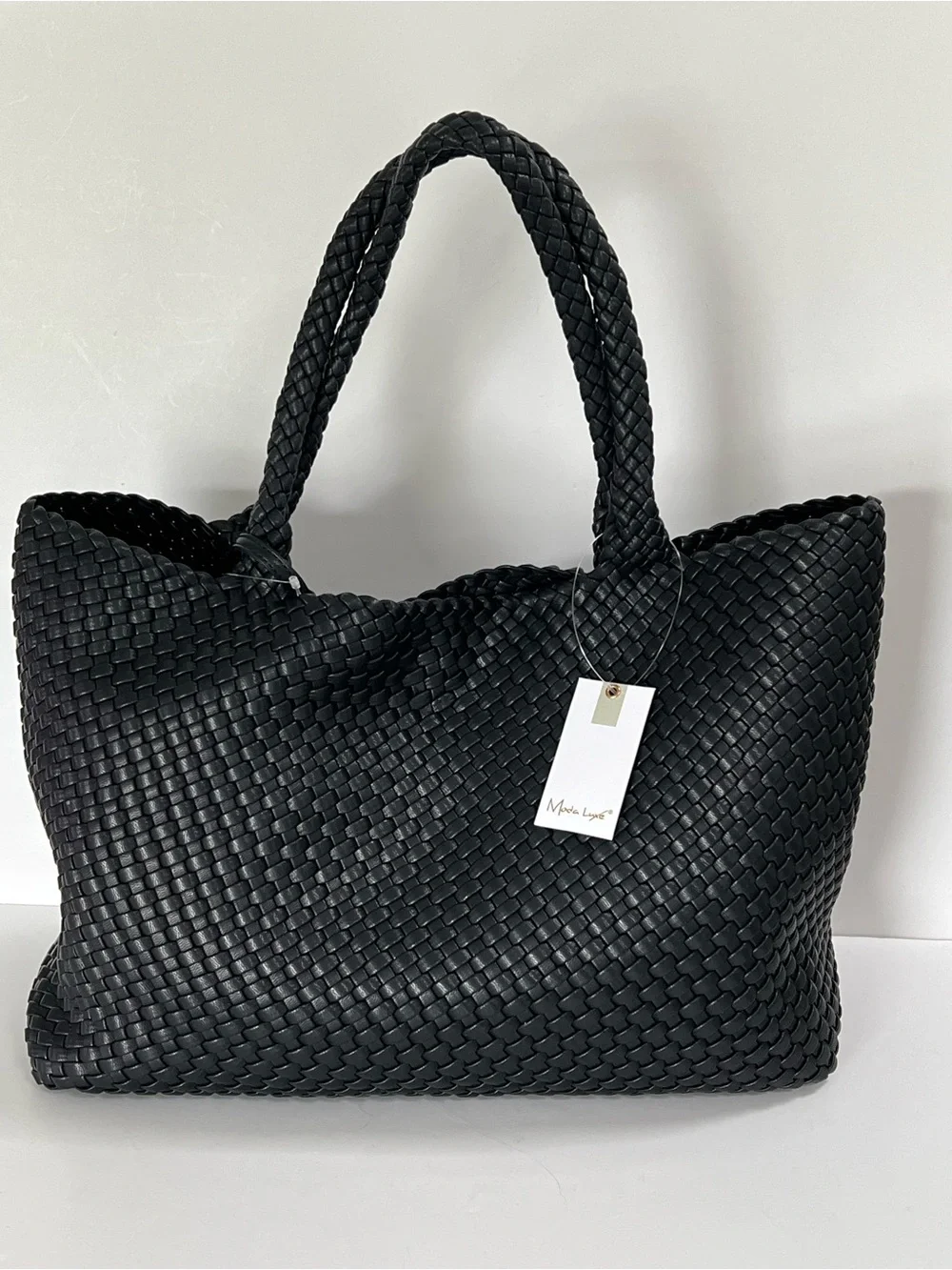 Moda Luxe Black Woven Large Tote Bag + Pouch NWT